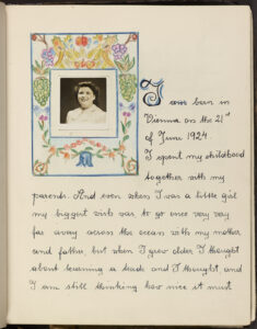 A hand written page from a book with a picture of a woman in the top left surrounded by coloured drawings of flowers.